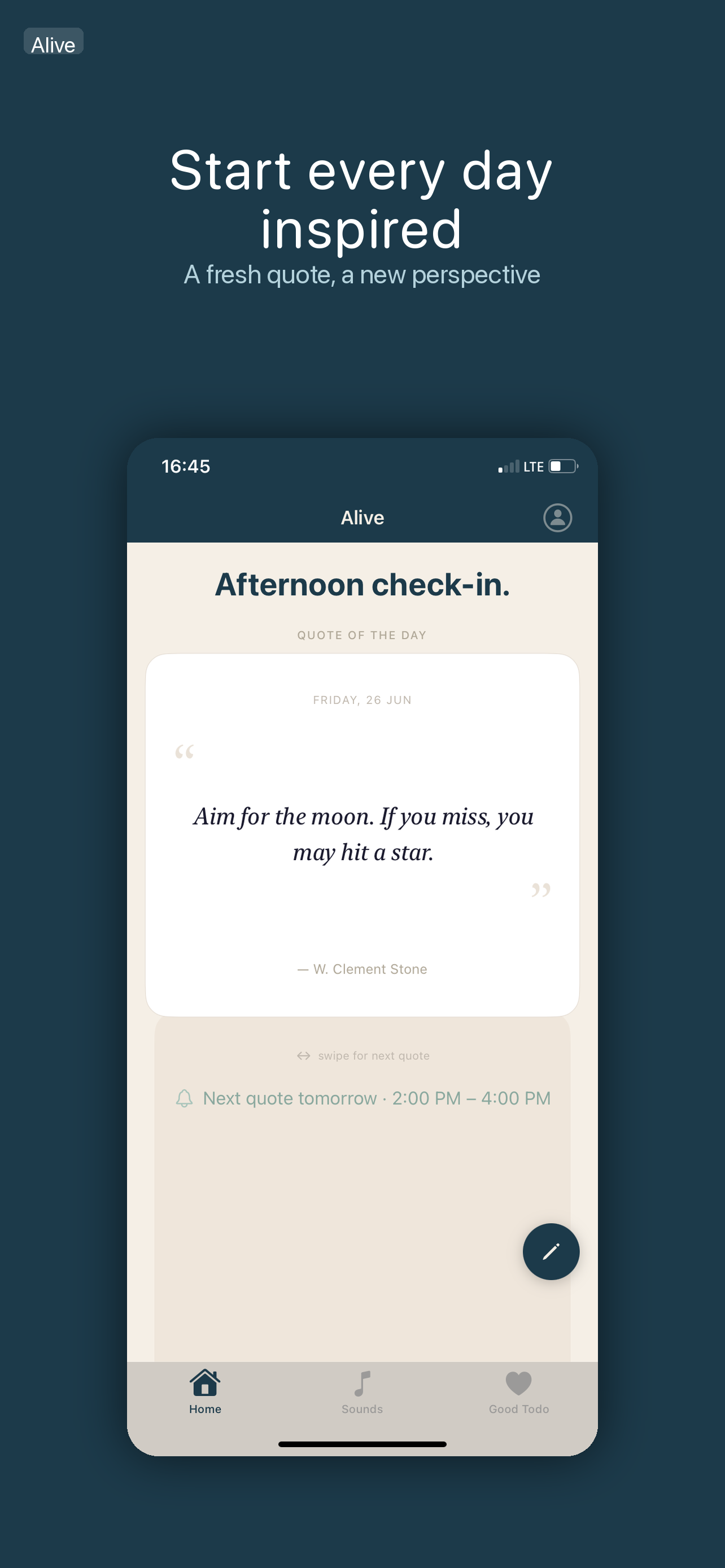 Alive home screen showing daily quote