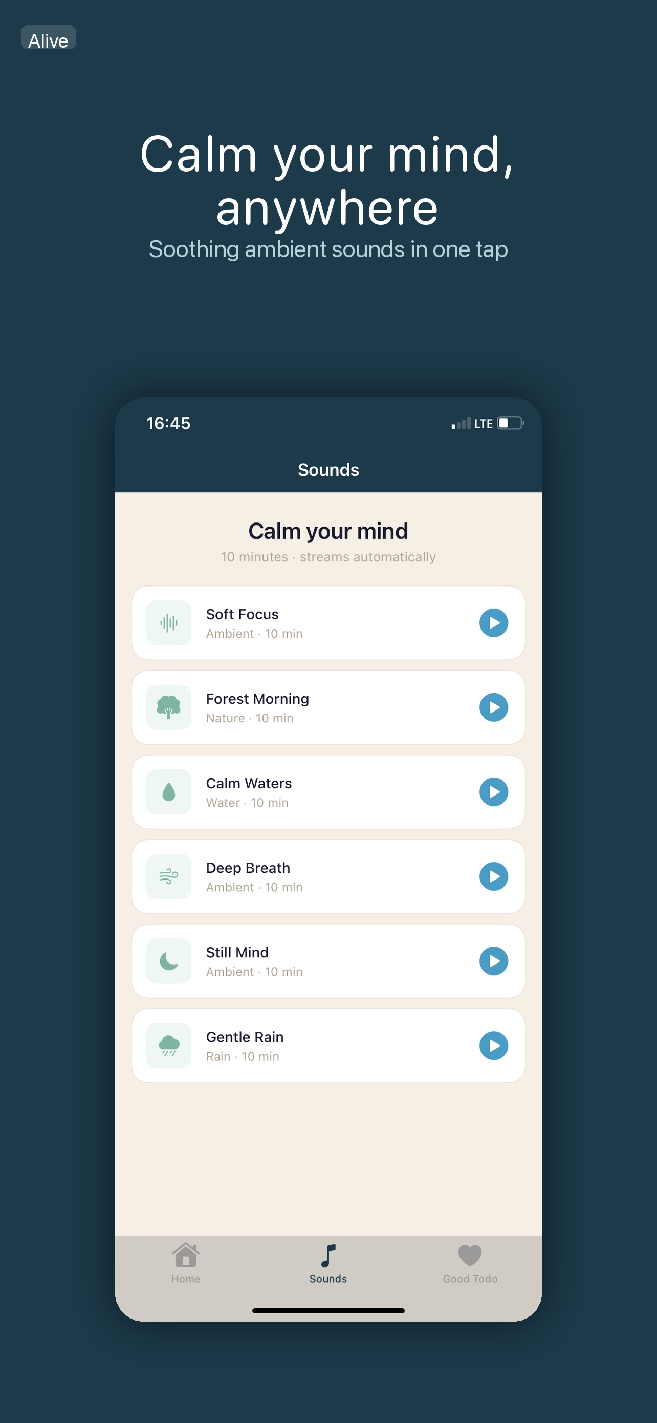 Alive sounds screen with ambient audio